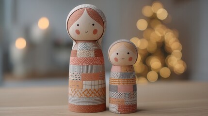 christmas patchwork concept. Two decorative nesting dolls with warm bokeh background.