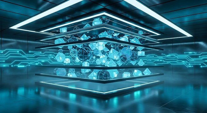 Futuristic data center with glowing geometric shapes and neon circuit board wall design.