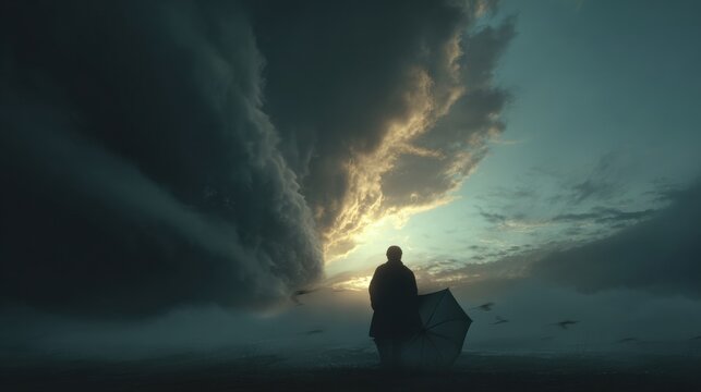 Male Figure Battles Against a Storm With a Fragile Umbrella in an Inspiring Scene of Perseverance and Resilience - Powered by Adobe