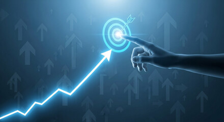 Hand touching target with arrow pointing up, representing business growth and success