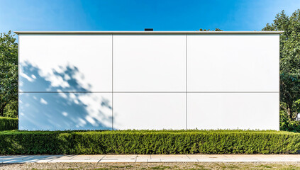 Modern white building exterior with a clear blue sky background