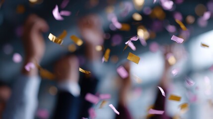 cheerful coworkers celebrating project success, confetti flying in air, office teamwork