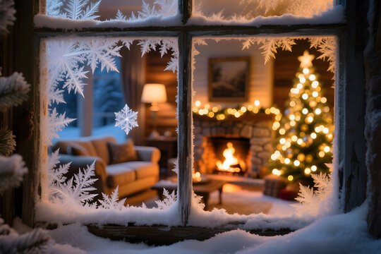 Cozy Christmas living room viewed through a frosty, snowy window
