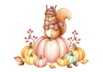 Cute squirrel in autumn hat and scarf holding a mug on a pumpkin