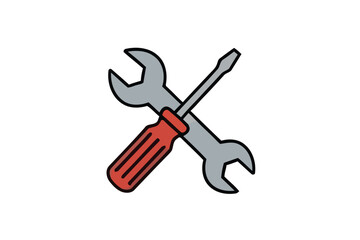 Iconic representation of a wrench and screwdriver, symbolizing repair, maintenance, and mechanical work in a simplified, modern graphic style