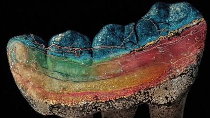 Colorful Fossilized Coral Stone with Bright Rainbow Spectrum on Black Background