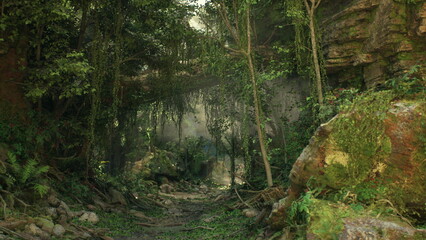 A serene pathway winds through a vibrant forest, where sunlight pierces the canopy, illuminating lush foliage and rugged stones. Nature thrives in this tranquil setting.