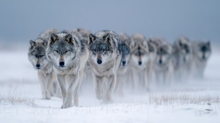 Fototapeta premium Pack of Grey Wolves Walking Through Snowy Foggy Arctic Landscape