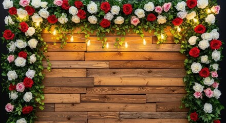rustic wooden wall, floral garland with rose blooms, string of fairy lights, warm lighting, detailed, intricate, vibrant colors, photorealistic
