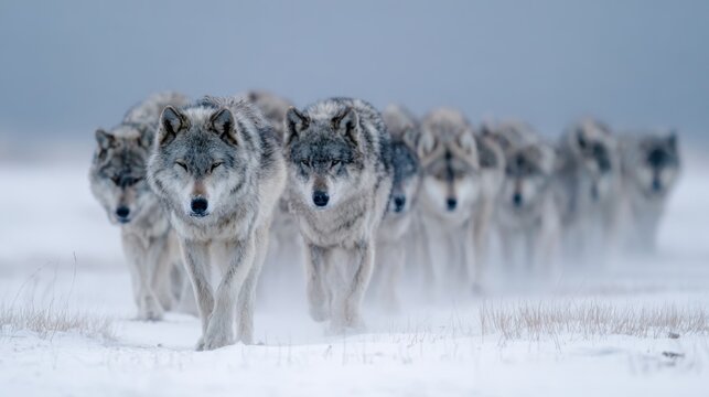 Pack of Grey Wolves Walking Through Snowy Foggy Arctic Landscape