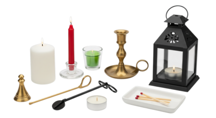 Various lit candles, decorative holders, and essential tools for home ambiance isolated on transparent background