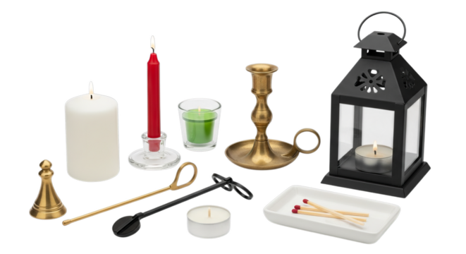 Various lit candles, decorative holders, and essential tools for home ambiance isolated on transparent background