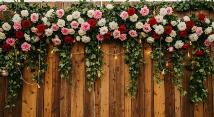 a beautiful floral wall, lush and vibrant, adorned with roses, peonies, and other flowers in a stunning display, against a rustic wooden backdrop
