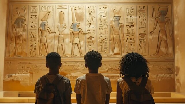 Three students from behind, observing a large wall of Egyptian hieroglyphics in a museum.