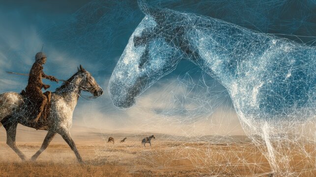 Digital Art of a Cowboy Riding a Horse with a Large Digital Horse Head in the Sky