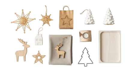 Minimalist natural scandinavian christmas flat lay with holiday decorations isolated on transparent background