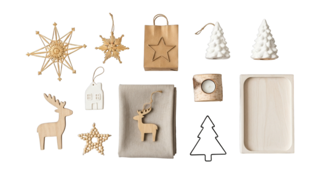 Minimalist natural scandinavian christmas flat lay with holiday decorations isolated on transparent background