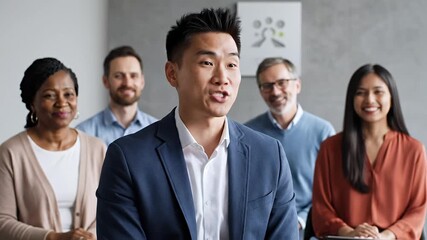 Young Asian male speaker leads a dynamic business meeting with a diverse team Professional presentation fosters engagement and collaboration among corporate