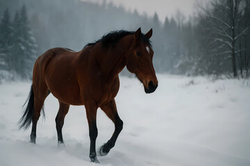 A horse in a cozy winter setting against the backdrop of a snow-covered dense forest. Winter holidays, Christmas, the Year of the Red Horse. New Year's Eve 2026