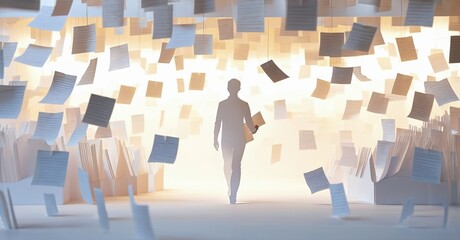 Fototapeta premium Person walks toward light surrounded by floating papers. Minimalist style, bright illumination, conceptual imagery. Focus on journey, paperwork, decisions.