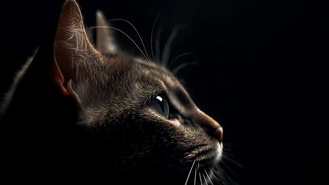 Cat looking up into soft dramatic light with detailed fur texture and sharp whiskers against dark black background creating moody portrait