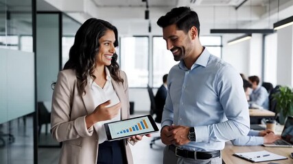 Professional business colleagues discuss data charts on a tablet during a strategic office meeting analyzing market trends and collaborating on future project - Powered by Adobe