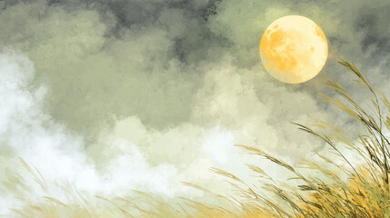 Bright full moon in the dark night sky over white clouds