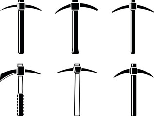 Collection of pickaxe icons, representing mining, construction, and tool usage vector illustration pickaxe set, pickaxe themes