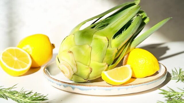 Fresh alcachofa with lemon slices on plate in bright kitchen light