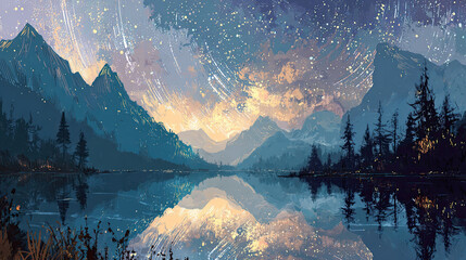 Winter sunrise landscape over snow-covered mountains and an icy lake with fog, clouds, and reflection