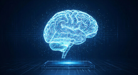 Digital brain hologram with artificial intelligence concept on a dark blue background
