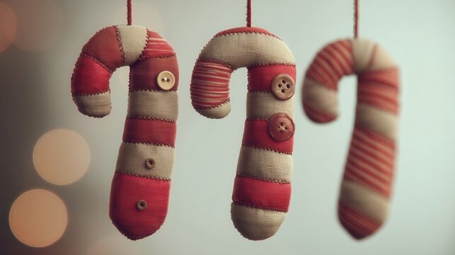 patchwork christmas concept. Handmade candy canes in festive colors hanging decoratively.