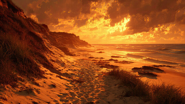 Beautiful sunset on the beach with orange and pink clouds reflecting on the water of the ocean near the coast at dusk - Powered by Adobe