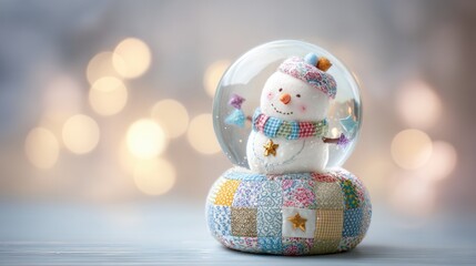 patchwork christmas concept. Snow globe featuring a snowman with decorative background bokeh lights.