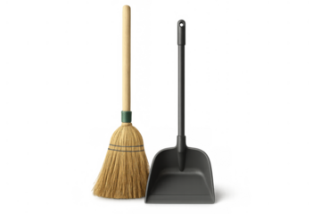 Broom with wooden handle and traditional straw bristles with a long-handled plastic dustpan, isolated on transparent background