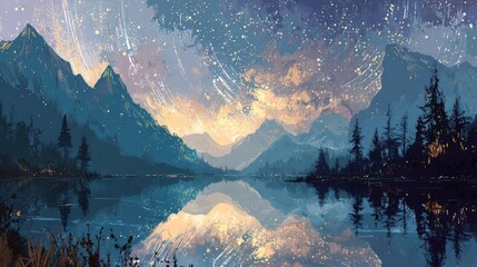 Sunrise or sunset reflection over a mountain lake landscape with fog and clouds