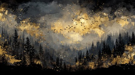 Abstract grunge background of a dark winter forest with orange and blue light from the sunset sky and clouds