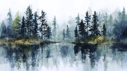 Scenic reflection of pine trees in a mountain lake on a cloudy day in the Canadian wilderness