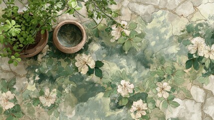 Vintage wooden door with a rusty metal accent and old flowers against a stone wall in a garden