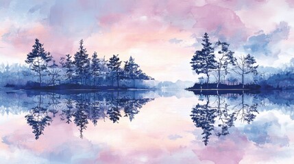 Beautiful winter landscape of a sunrise or sunset over a mountain lake with snow and trees under a blue sky