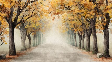 Scenic autumn path with yellow leaves through the park forest landscape