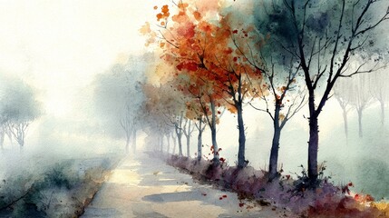 Misty autumn morning landscape with fog and trees in the cold forest