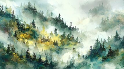 Abstract grunge background with blue sky, pine trees, and winter mountain landscape view with clouds and fog