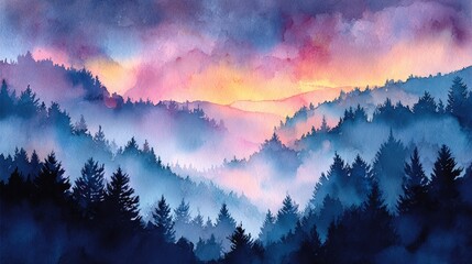 Breathtaking mountain landscape view at sunrise or sunset with fog and clouds