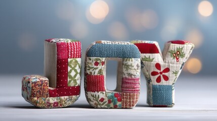 patchwork christmas concept. Decorative letters spelling "JOY" with a soft bokeh background.