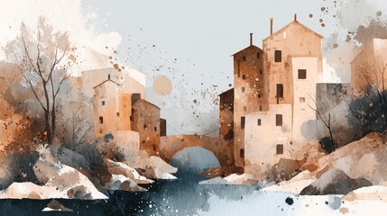 Winter in the city showcases old town architecture, featuring ancient stone buildings and a medieval castle against the sky