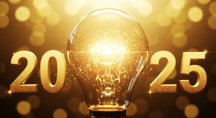 2025 new year with light bulb and golden bokeh background for a bright future