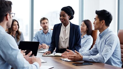 Diverse business team actively collaborating in a modern office meeting engaging in professional discussion and productive teamwork among multiethnic colleagues - Powered by Adobe