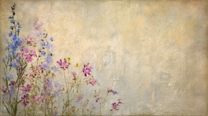 Aged floral grunge texture design with vintage brown paper and pink flowers art border