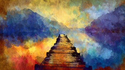 Ancient Buddhist temple in Thailand with a vintage texture of red and yellow paint like watercolor on grunge paper